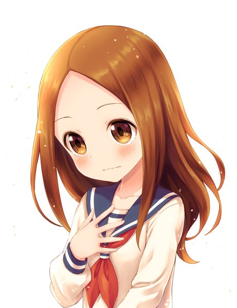 Anime picture 1378x1788 with karakai jouzu no takagi-san takagi-san tomo (tmtm mf mf) single long hair tall image blush simple background brown hair white background brown eyes looking away upper body hand on chest girl uniform serafuku