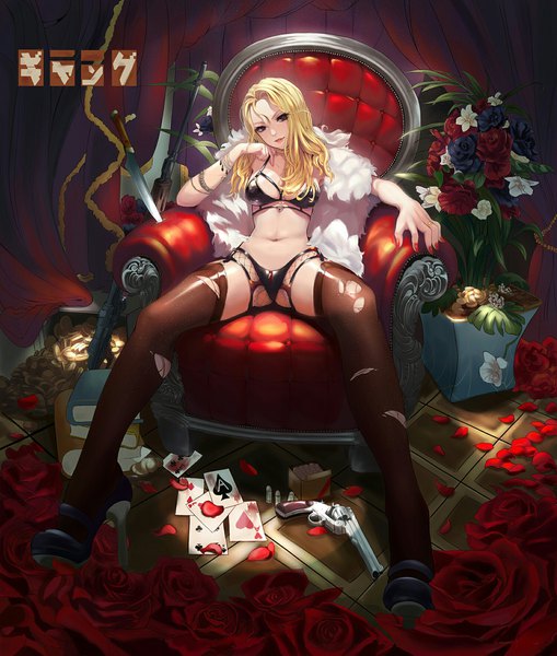 Anime picture 1500x1765 with original black burning kira single long hair tall image looking at viewer light erotic blonde hair black eyes girl thighhighs navel underwear panties flower (flowers) weapon petals lingerie bra rose (roses)