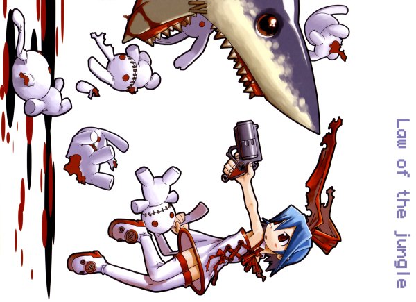 Anime picture 1200x870 with disgaea mazda pleinair usagi-san harada takehito white background sideways gun blood bunny shark