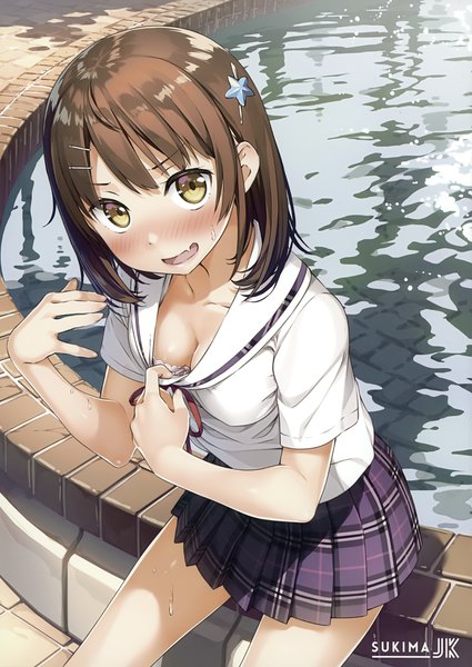Anime picture 2481x3500 with original kantoku single tall image looking at viewer blush fringe highres short hair breasts open mouth light erotic smile brown hair sitting yellow eyes cleavage outdoors :d pleated skirt