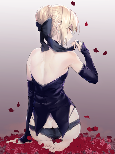 Anime picture 2250x3000 with fate (series) fate/grand order fate/stay night artoria pendragon (all) saber alter uno ryoku single tall image looking at viewer fringe highres short hair light erotic simple background blonde hair sitting bare shoulders yellow eyes payot full body