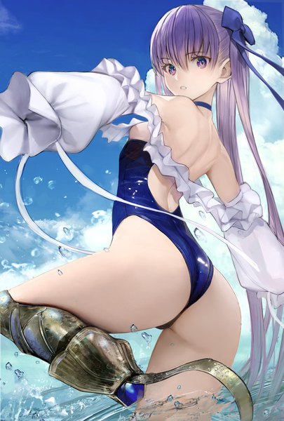 Anime picture 1013x1500 with fate (series) fate/grand order meltryllis (fate) meltryllis (swimsuit lancer) (fate) nyatabe single tall image looking at viewer blush fringe breasts light erotic hair between eyes standing purple eyes sky purple hair cloud (clouds) ass very long hair