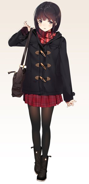 Anime picture 800x1640 with original machimura komori single tall image looking at viewer blush fringe short hair black hair simple background white background holding full body blunt bangs long sleeves pleated skirt plaid skirt walking girl skirt