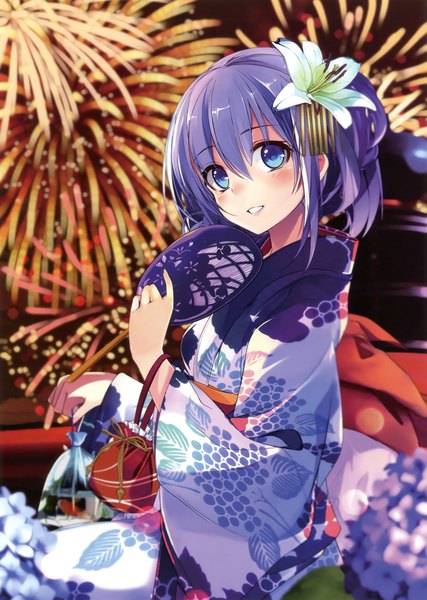 Anime picture 2494x3500 with original shirokitsune single tall image looking at viewer blush fringe highres blue eyes hair between eyes purple hair upper body traditional clothes japanese clothes hair flower light smile scan fireworks festival girl