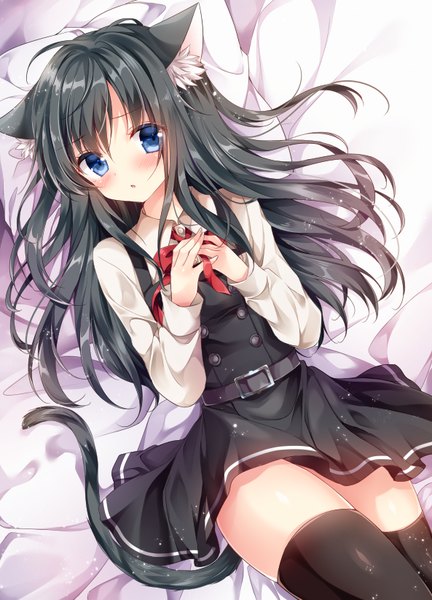 Anime picture 593x822 with kantai collection asashio destroyer nogi takayoshi single long hair tall image looking at viewer blush fringe open mouth blue eyes black hair hair between eyes animal ears ahoge tail lying animal tail cat ears :o