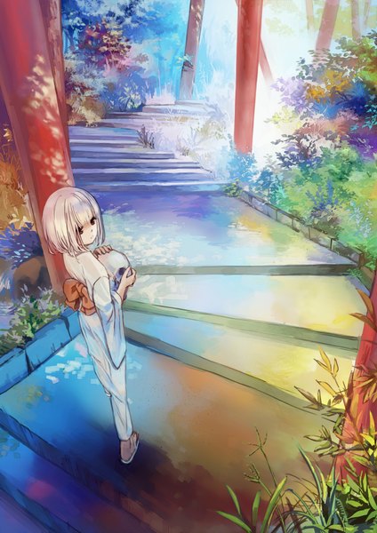 Anime picture 1240x1754 with original aster leo single tall image short hair red eyes standing holding white hair japanese clothes from behind sunlight back light plant (plants) tree (trees) kimono forest skull stairs