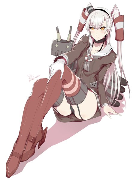 Anime picture 1500x2000 with kantai collection amatsukaze destroyer rensouhou-kun kumiko shiba single long hair tall image blush light erotic white background yellow eyes white hair two side up pantyshot pantyshot sitting girl thighhighs gloves hair ornament underwear