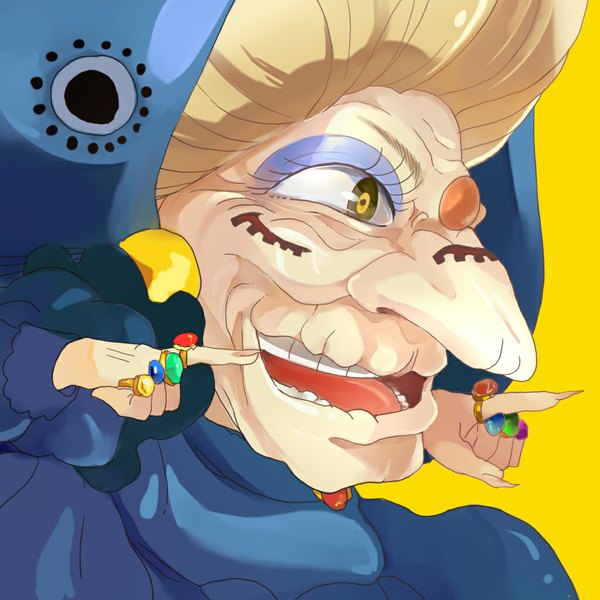 イラスト 1024x1024 と 千と千尋の神隠し ジブリ マトリョシカ yubaba musou yuchi 金髪 yellow background parody long nose old woman フード ジュエリー リング