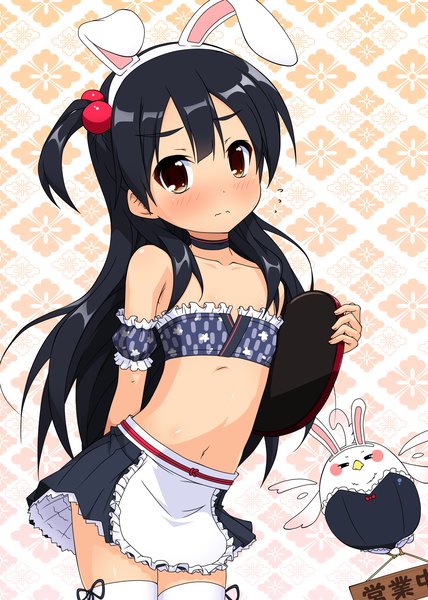 Anime picture 1400x1960 with tamako market kyoto animation kitashirakawa anko dera mochimazzui k10k long hair tall image blush light erotic black hair brown eyes bunny ears one side up lolicon girl thighhighs skirt navel miniskirt white thighhighs