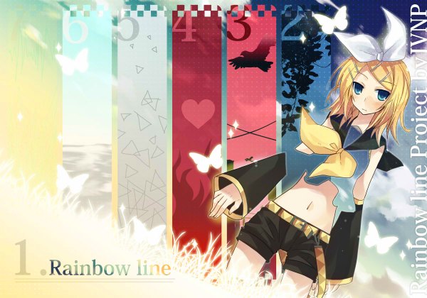 Anime picture 1200x840 with vocaloid kagamine rin tamura hiro single short hair blue eyes blonde hair inscription girl navel hair ornament bow hair bow detached sleeves animal shorts heart bird (birds) insect butterfly