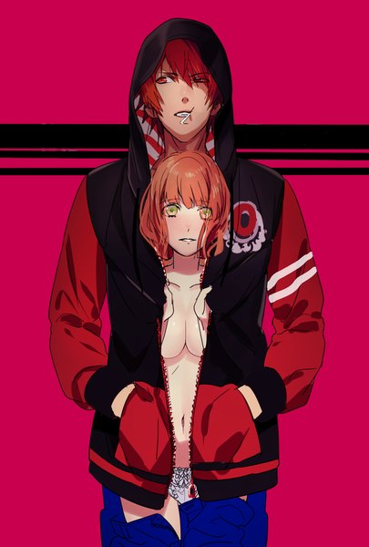 Anime picture 1181x1748 with uta no prince-sama a-1 pictures nanami haruka (uta no prince-sama) ittoki otoya haruno ake tall image blush short hair breasts light erotic simple background red eyes standing green eyes looking away red hair long sleeves parted lips orange hair embarrassed