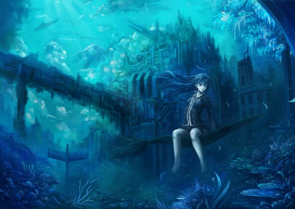 Anime picture 2480x1753 with original crow a single long hair highres blue eyes blue hair underwater girl dress skirt leaf (leaves) fish (fishes) castle