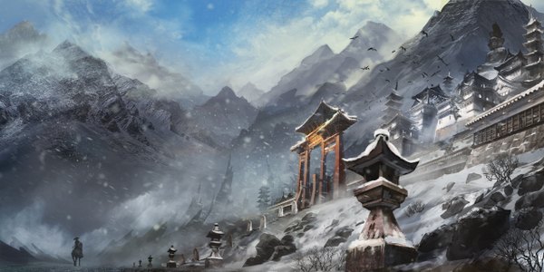 Anime picture 1280x640 with original ost02 single wide image sky cloud (clouds) wind snowing snow mountain landscape architecture fog east asian architecture samurai ambiguous gender hat animal bird (birds) horse