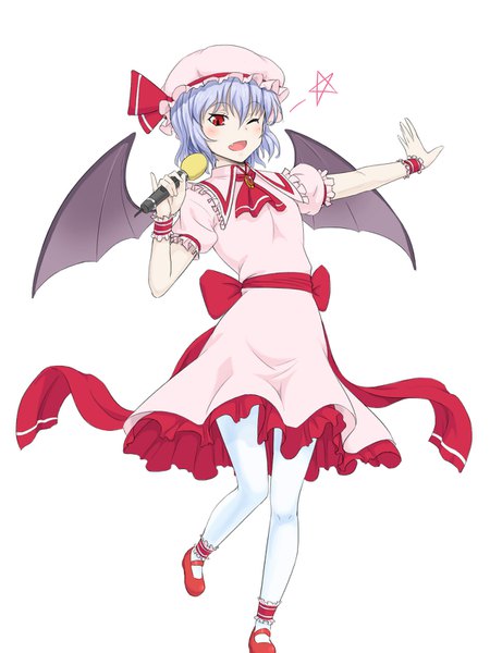 Anime picture 1200x1600 with touhou remilia scarlet kakone single tall image looking at viewer fringe short hair open mouth simple background hair between eyes red eyes standing white background purple hair full body one eye closed short sleeves puffy sleeves standing on one leg