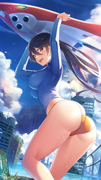 Anime picture 1152x2048 with original koikeya single long hair tall image looking at viewer blush fringe breasts open mouth light erotic black hair smile hair between eyes standing yellow eyes sky cloud (clouds) outdoors ass