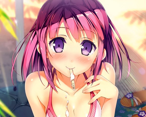Anime picture 2500x2000 with original kantoku single blush fringe highres short hair breasts purple eyes purple hair light smile sunlight shiny skin mouth hold close-up face girl flower (flowers) food sweets