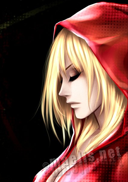 Anime picture 600x848 with m-aelis single long hair tall image simple background blonde hair signed eyes closed profile lips black background girl hood