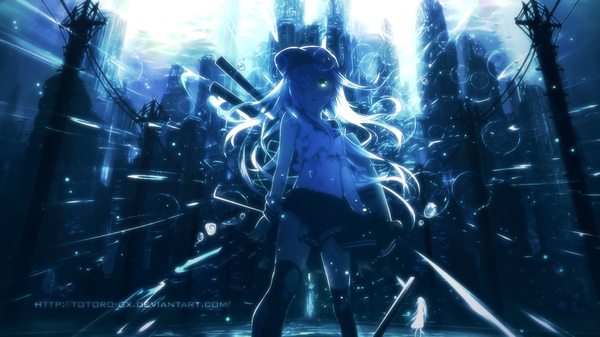 Anime-Bild 1366x768 mit kantai collection hibiki destroyer verniy destroyer yuzuki kihiro totoro-gx single long hair fringe blue eyes wide image standing looking away sky white hair hair over one eye torn clothes glowing glowing eye (eyes) serious girl