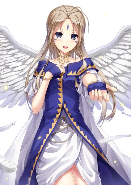 Anime picture 1000x1414 with aa megami-sama anime international company belldandy seirei911 single long hair tall image looking at viewer blush open mouth blue eyes brown hair white background facial mark girl dress wings feather (feathers)