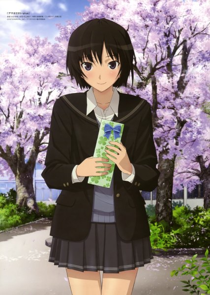 Anime picture 3537x4973 with amagami megami magazine nanasaki ai gouda hiroaki single tall image looking at viewer blush fringe highres short hair black hair smile hair between eyes standing holding absurdres sky cloud (clouds) outdoors