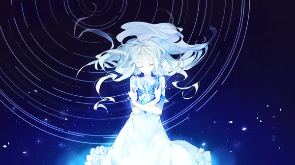 Anime picture 3030x1700 with unlight mikuru rumisora single long hair highres wide image standing bare shoulders white hair eyes closed head tilt hug floating hair wavy hair crossed arms girl dress star (stars)