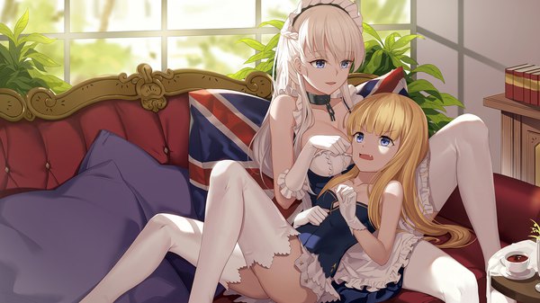 Anime picture 1920x1080 with azur lane belfast (azur lane) queen elizabeth (azur lane) baseness long hair highres breasts open mouth blue eyes light erotic blonde hair wide image large breasts sitting multiple girls white hair maid fang (fangs) reclining flag print