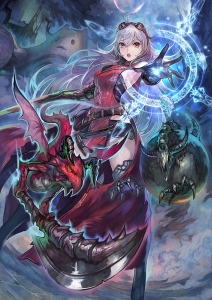 Anime picture 2894x4093 with yoru no nai kuni gust (company) arnas (yoru no nai kuni) yoshiku (oden-usagi) single long hair tall image looking at viewer highres standing brown eyes silver hair ahoge official art sleeveless outstretched arm magic side slit goggles on head girl