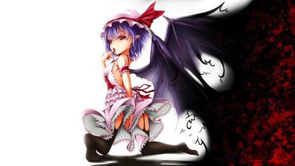 Anime picture 1920x1080 with touhou remilia scarlet onigiri (artist) single looking at viewer highres short hair open mouth light erotic red eyes wide image bare shoulders blue hair pointy ears kneeling finger to mouth girl thighhighs dress black thighhighs