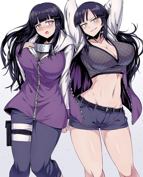 Anime picture 948x1169 with naruto studio pierrot naruto (series) hyuuga hinata shimure (460) long hair tall image blush fringe breasts open mouth light erotic simple background smile white background looking away cleavage purple hair blunt bangs long sleeves