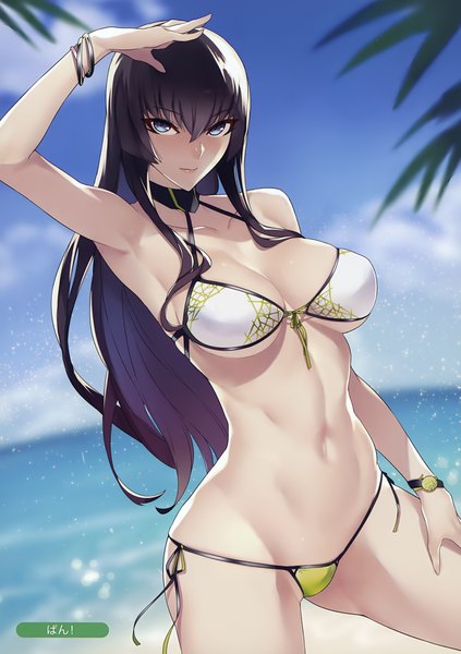 Anime picture 2467x3500 with highschool of the dead madhouse melonbooks busujima saeko ban! (bansankan) single long hair tall image looking at viewer blush fringe highres breasts blue eyes light erotic black hair hair between eyes large breasts standing signed