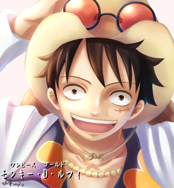 Anime picture 1748x1889 with one piece one piece film: gold toei animation monkey d. luffy yan xiao qi single tall image looking at viewer fringe highres short hair open mouth black hair simple background smile brown eyes signed upper body :d arm up