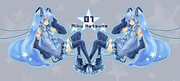 Anime picture 1500x675 with vocaloid hatsune miku kochakko long hair looking at viewer fringe blue eyes hair between eyes wide image twintails blue hair grey background character names dual persona symmetry girl detached sleeves boots star (symbol) thigh boots