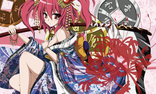 Anime picture 1200x725 with touhou onozuka komachi red eyes wide image twintails pink hair girl dress weapon scythe