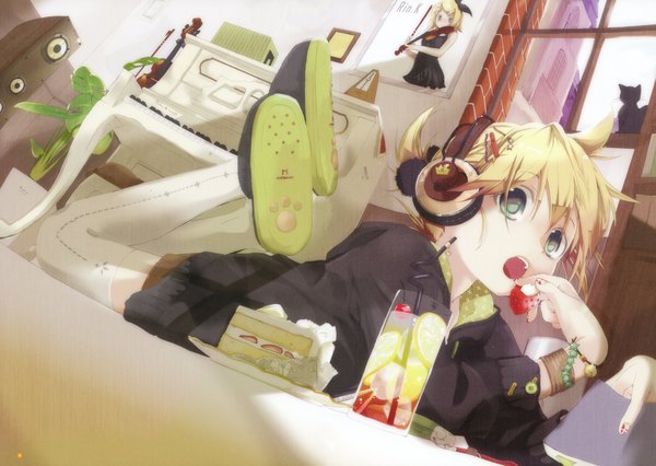Anime picture 4239x3012 with vocaloid kagamine rin kagamine len hekicha single highres short hair open mouth blonde hair green eyes absurdres lying nail polish scan on stomach girl thighhighs boy flower (flowers) animal