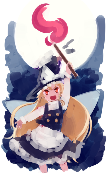 Anime picture 1240x2000 with touhou kirisame marisa sakana (packetsjp) single long hair tall image looking at viewer fringe open mouth blonde hair red eyes standing braid (braids) long sleeves :d arm up outstretched arm single braid cosplay clownpiece (cosplay)