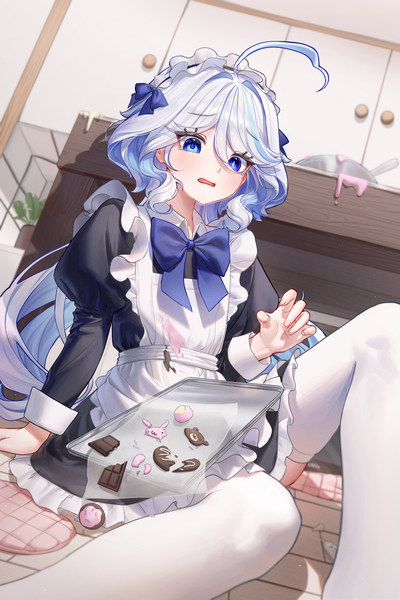 Anime picture 3000x4500 with genshin impact furina (genshin impact) chabi009 single long hair tall image fringe highres blue eyes hair between eyes sitting silver hair ahoge indoors maid looking down valentine girl thighhighs uniform