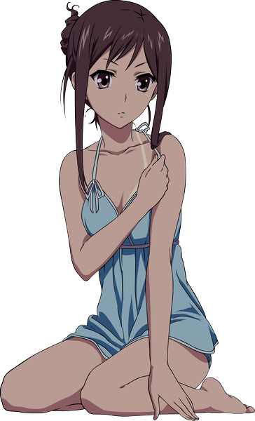 Anime picture 7850x12938 with hanasaku iroha p.a. works tsurugi minko kyuubi3000 single tall image fringe highres short hair breasts brown hair sitting brown eyes looking away absurdres barefoot bare legs alternate hairstyle transparent background hair up