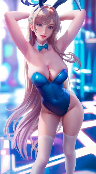 Anime-Bild 3900x7000 mit blue archive toki (blue archive) toki (bunny) (blue archive) wickellia single long hair tall image looking at viewer highres breasts blue eyes light erotic blonde hair large breasts standing signed animal ears absurdres cleavage parted lips
