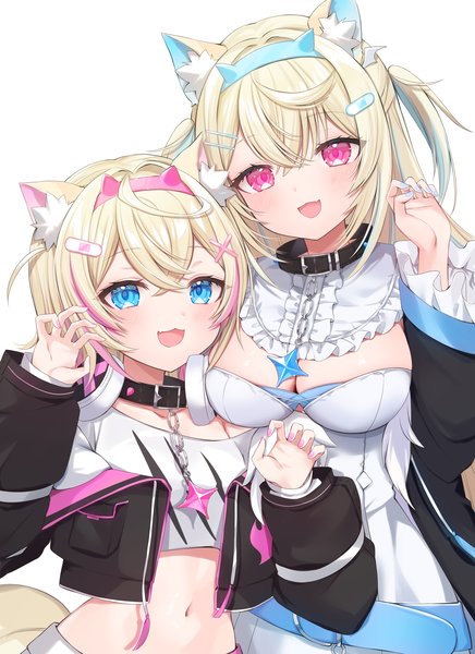 Anime picture 2657x3658 with virtual youtuber hololive hololive english mococo abyssgard fuwawa abyssgard mococo abyssgard (1st costume) fuwawa abyssgard (1st costume) ineka ka long hair tall image fringe highres short hair breasts open mouth blue eyes light erotic simple background blonde hair hair between eyes