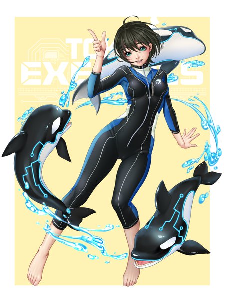 Anime picture 900x1200 with tokyo exe girls masami chie single tall image looking at viewer short hair open mouth black hair green eyes full body ahoge barefoot copyright name yellow background girl animal bodysuit whale grampus