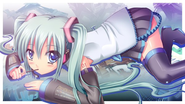 Anime picture 1920x1080 with vocaloid hatsune miku shadoued single long hair highres blue eyes wide image twintails aqua hair loli mouth hold border girl thighhighs detached sleeves sweets pocky
