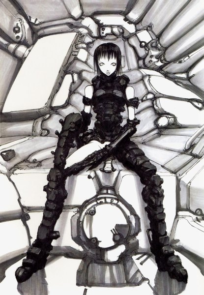 Anime picture 1125x1626 with blame! bitch's life (artbook) original nihei tsutomu single tall image short hair black hair sitting bare shoulders girl