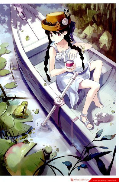 Anime picture 2292x3490 with last summer (artbook) original single long hair tall image highres black hair red eyes sitting bare shoulders holding braid (braids) from above scan legs twin braids mouth hold border hair over shoulder girl