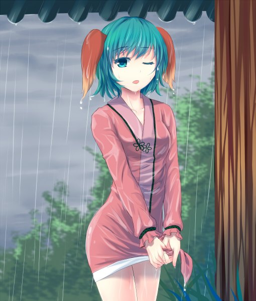 Anime picture 1020x1200 with touhou kasodani kyouko masa07240 single tall image short hair open mouth blue eyes animal ears one eye closed green hair wink rain wet clothes wringing clothes girl dress