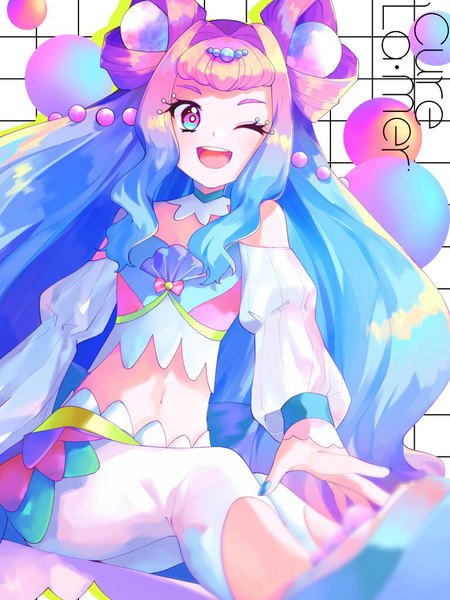 Anime picture 768x1024 with precure tropical-rouge! precure toei animation laura (precure) cure la mer atamano single long hair tall image looking at viewer fringe open mouth sitting purple eyes bare shoulders blue hair nail polish one eye closed wink midriff