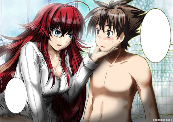 Anime picture 1599x1132 with highschool dxd rias gremory hyoudou issei blush highres short hair breasts open mouth blue eyes light erotic brown hair ahoge red hair very long hair couple huge breasts topless spiked hair naked shirt girl