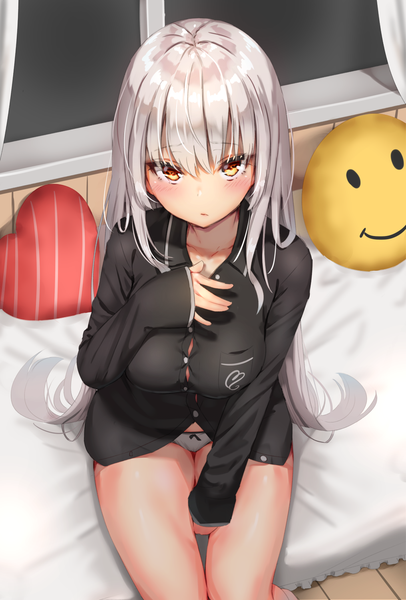 Anime picture 1016x1500 with original reinama single long hair tall image looking at viewer blush fringe breasts light erotic hair between eyes large breasts sitting yellow eyes payot silver hair indoors from above bare legs embarrassed