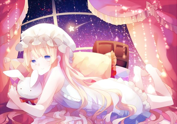 Anime picture 1285x900 with original filiananna single long hair looking at viewer blush breasts blue eyes blonde hair bare shoulders barefoot light smile flat chest crossed arms shooting star girl dress bow animal food