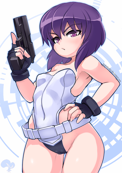 Anime picture 848x1200 with ghost in the shell ghost in the shell: stand alone complex production i.g kusanagi motoko krokobyaka single tall image looking at viewer fringe short hair light erotic hair between eyes purple eyes signed purple hair from below hand on hip groin cameltoe serious