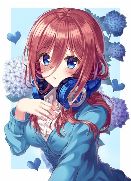 Anime picture 1500x2063 with go-toubun no hanayome nakano miku ecu8080 single long hair tall image looking at viewer blush fringe breasts blue eyes simple background hair between eyes brown hair upper body long sleeves parted lips fingernails hand on chest border